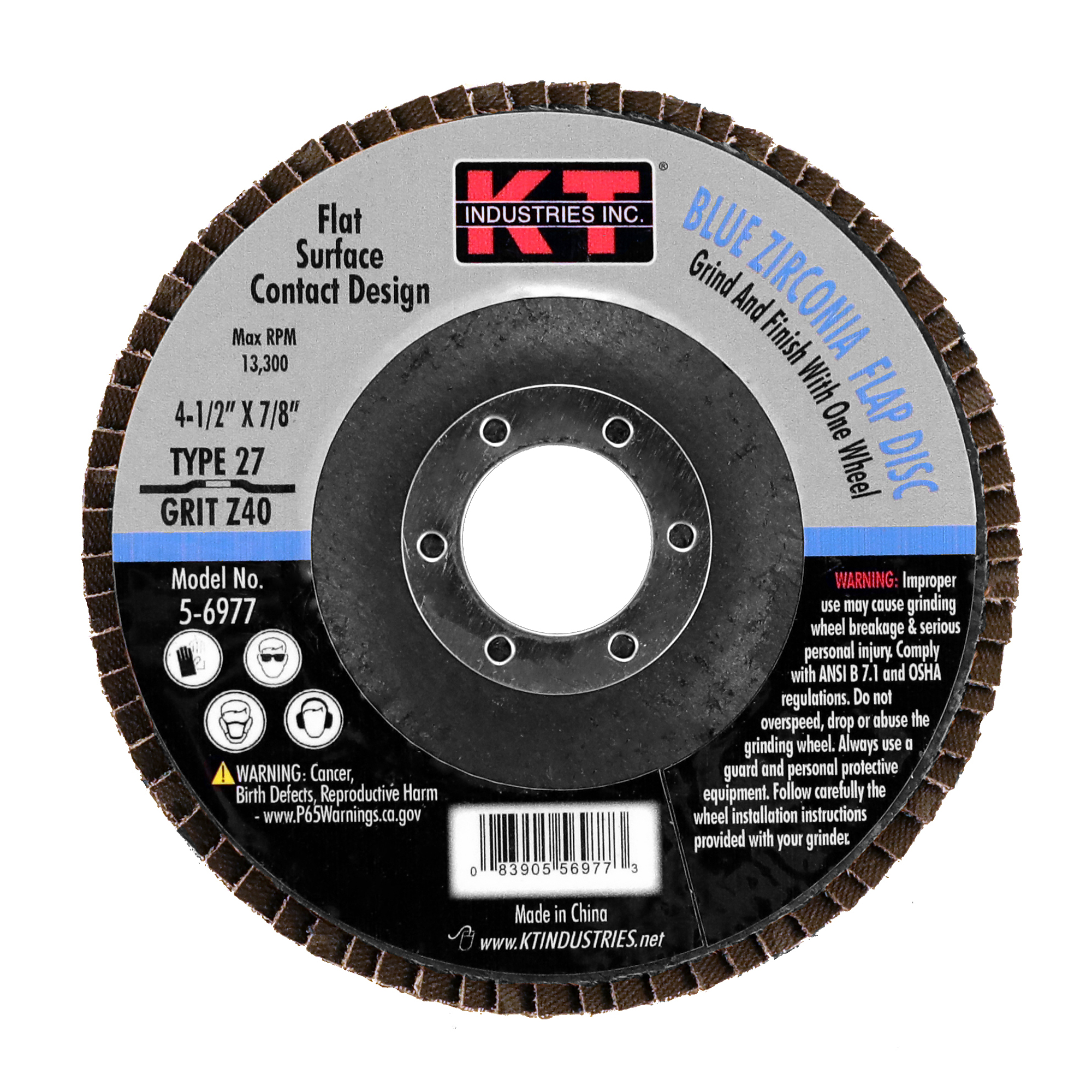 K-T Industries Blue Zirconia Flap Disc — 4 1/2in. x 7/8in., 40 Grit, 13,300 RPM, Model# 5-6977